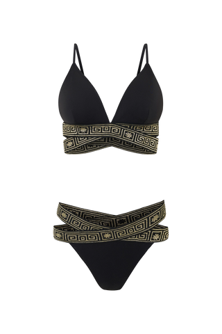 Black bikini set with geometric patterned straps on a white background
