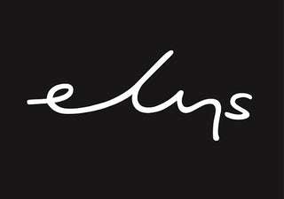 White 'elys' logo on a black background