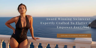 Woman in a black sexy swimsuit standing on a balcony with ocean view, text about award-winning swimwear.