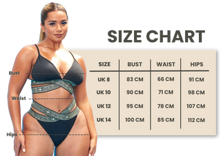 Woman wearing a swimsuit with a size chart in the background