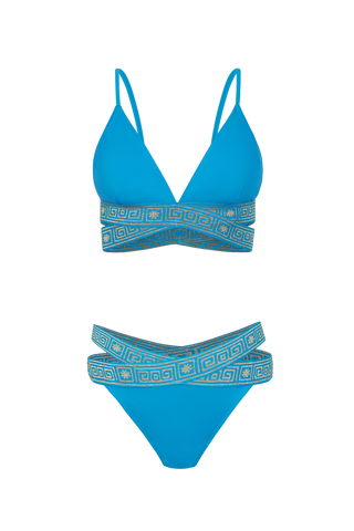 Blue bikini set with geometric patterns on a white background