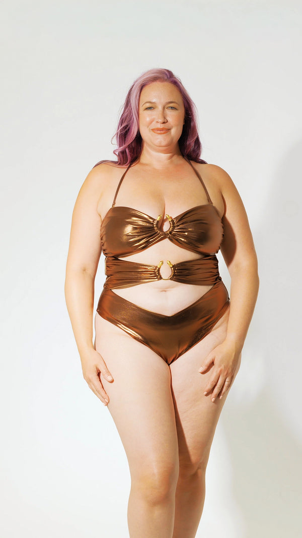 Bronze Medusa Cut-Out Swimsuit - 18-20 360 view