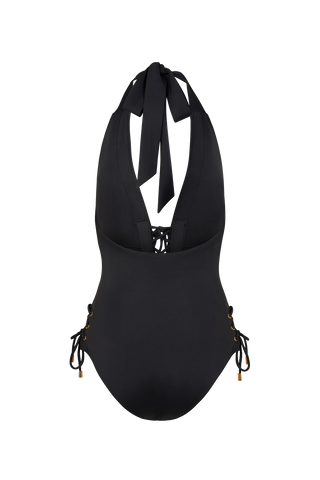 Black swimsuit with halter neck design on a white background