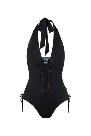 Black one-piece swimsuit with lace-up front on a white background